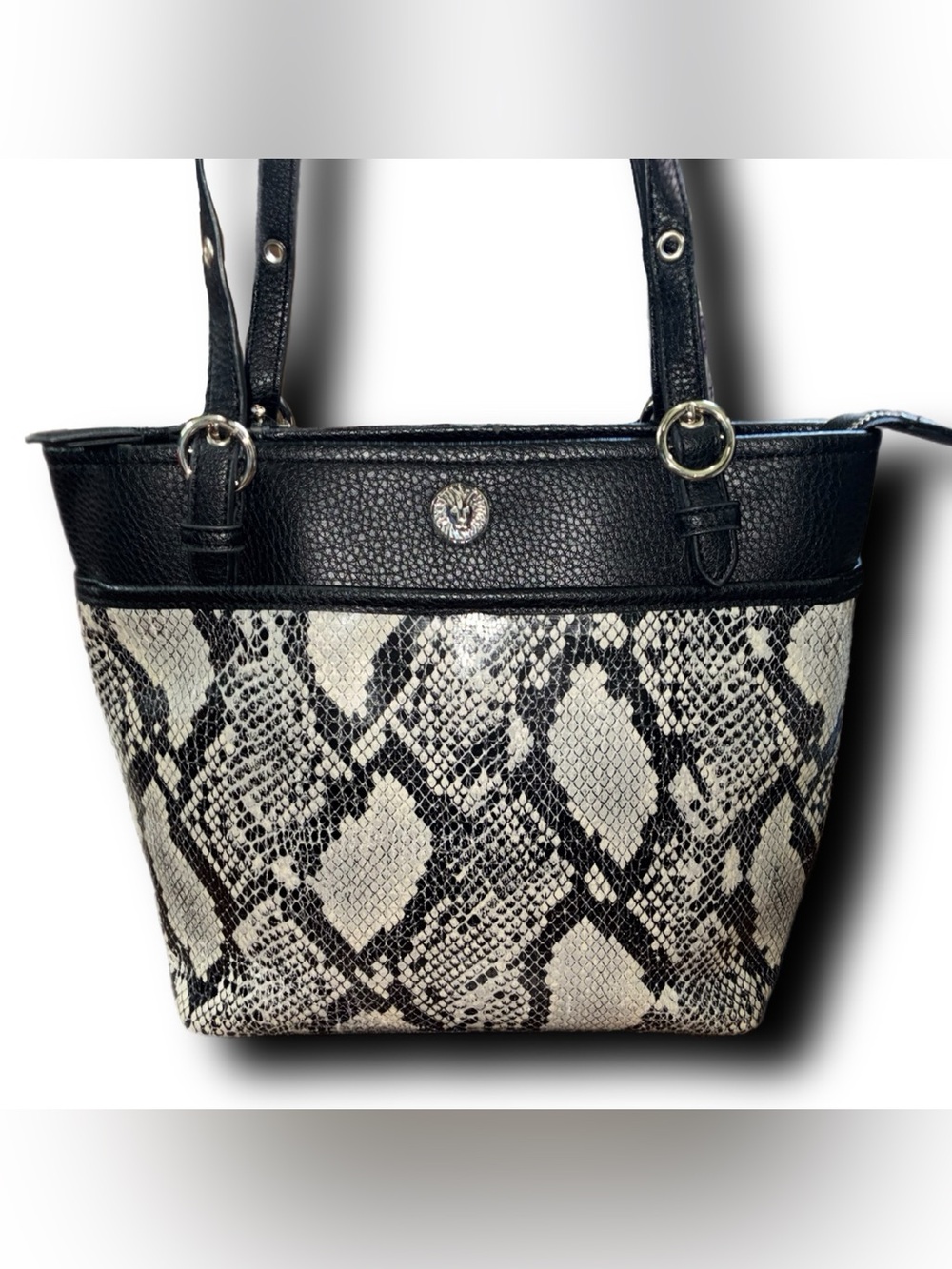 Anne Klein Black & Cream Snake-Print Faux Leather Hand Bag
